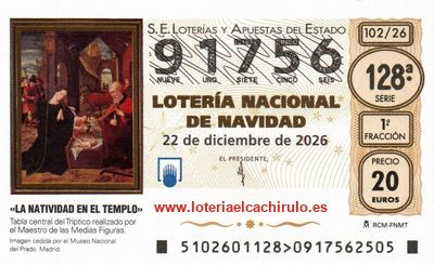 Anverso del décimo 91756 de la Lotería de Navidad 2026, de Móstoles (Madrid)